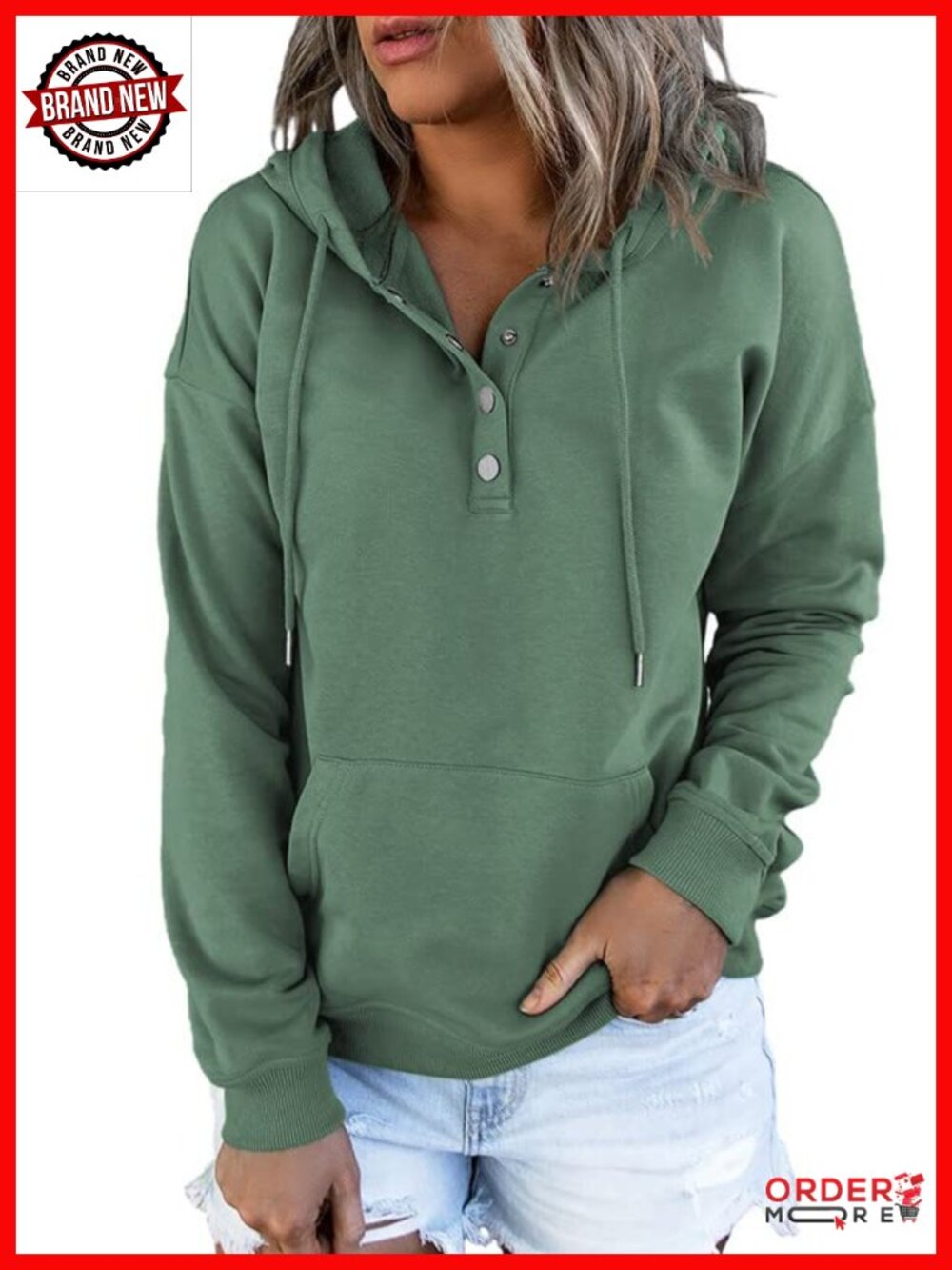 Womens Oversized Hoodie Button Front Drawstring Kangaroo Pocket Sweatshirt